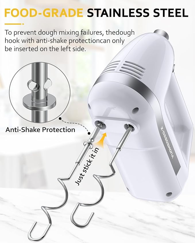 Electric Hand Mixer, Powerful 300W Hand Mixer Electric Handheld with 304 Beaters, Dough Hook,Hand Held Mixer with Turbo for Baking Cakes, Eggs, Cream Food(White)
