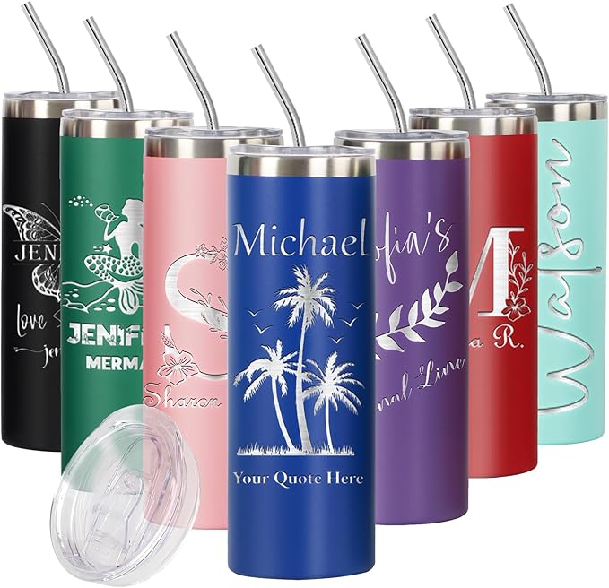Personalized Skinny Tumbler 20oz with Slider Lid and Staw by iProductsUS - Personalized Laser Engraved Stainless Steel Custom Vacation Mug, 10 colors and 25 Designs, (Royal Blue)
