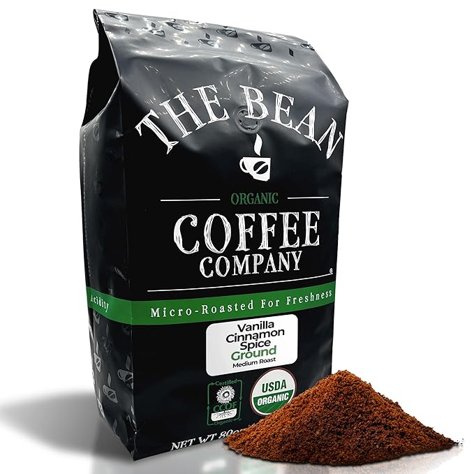 The Bean Organic Coffee Company Holiday Bean (Vanilla Cinnamon Spice), Medium Roast, Ground Coffee, 5-Pound Bag, Café molido tostado orgánico
