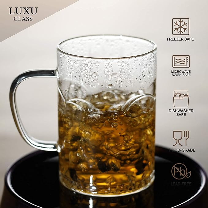 LUXU Glass Coffee Mugs 16 oz,Set of 4 Large Glass Coffee Cups Clear Tea Cups,Lead-Free Glasses Cups for Water,Latte,Milk-Flat Bottomed Design
