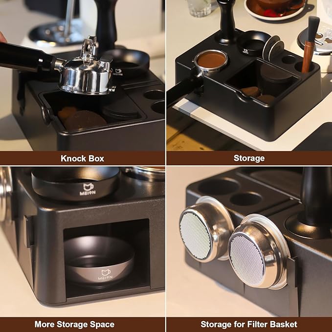 MEION Espresso Tamping Station, Detachable Espresso Knock Box and Tamp Station, 10 in 1 Espresso Organizer Fits 51, 54, 58MM Espresso Tamper, Portafilter, Distributor Puck Screen Espresso Accessories