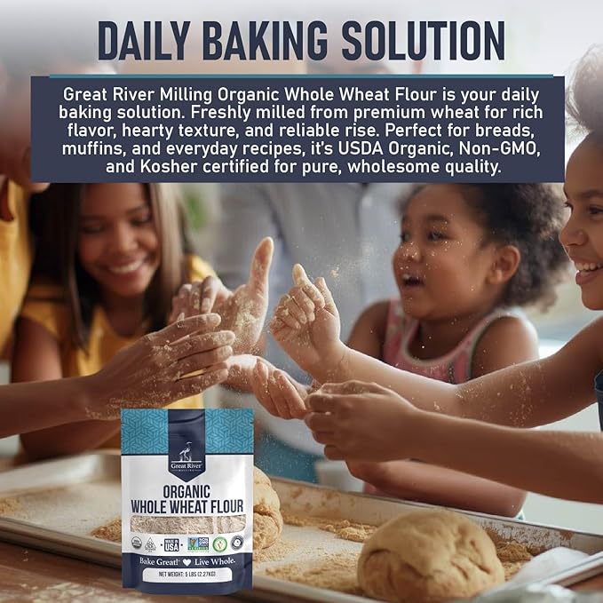Great River Organic Milling Organic Whole Wheat Flour | Unbleached & Unbromated | High Protein & Fiber | Non-GMO, Kosher | Perfect for Sourdough, Bread, Rolls & Baking | 5 Lb