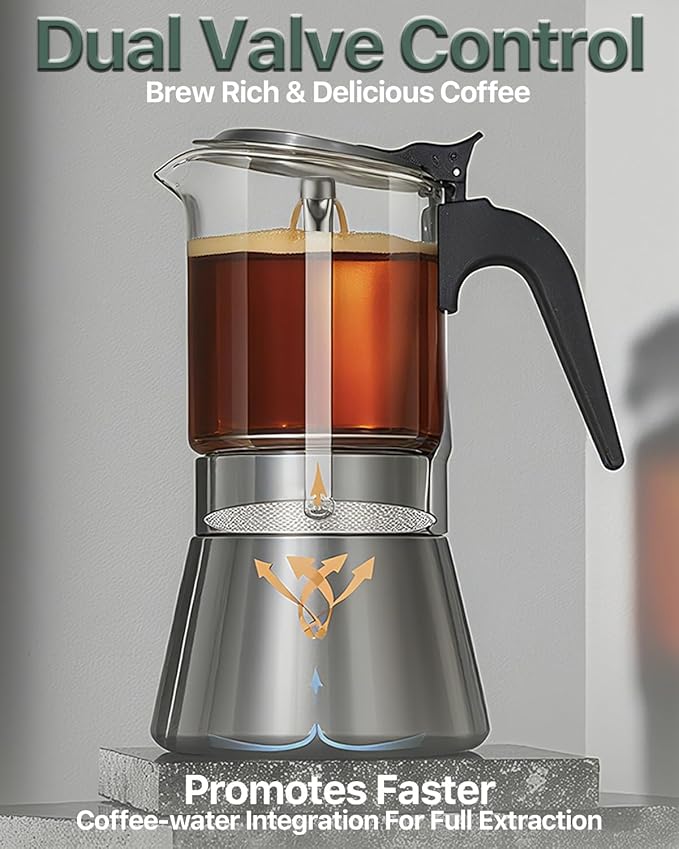 Grasseed Stainless Steel Moka Pot, Crystal Glass-top Coffee Maker Mocha Pot, Italian Stovetop Espresso Maker for Coffee - 6 Cup/240ml