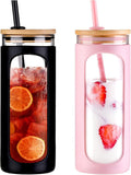 Kodrine 20oz Glass Tumbler with Straw and Lid, Bamboo Lids Water Bottle, Reusable Iced Coffee Cups, Wide Mouth Smoothie Cup with Protective Silicone Sleeve BPA FREE-Black+Pink-2pack