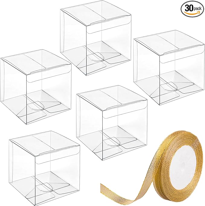 JOERSH 3x3x3 Inches Clear Favor Boxes for with Gold Gift Ribbons 30 PCS Transparent Plastic 3 Inch Mini Cube Gift Packaging Box for Party favors, Treats and Minigifts