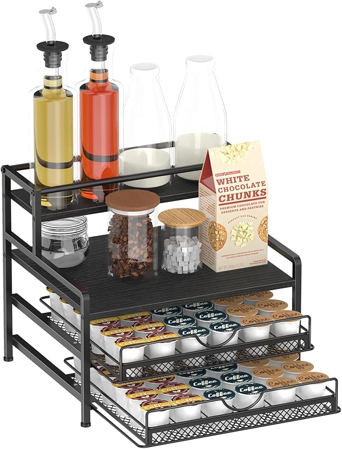 Coffee Bar Organizer, Coffee Pod Organizer,3 Tier Coffee Syrup Rack Organizer,72 K Cup Storage for Counter Storing K Cup,Coffee Syrups, Coffee Makers and Other Coffee Supplies-Black