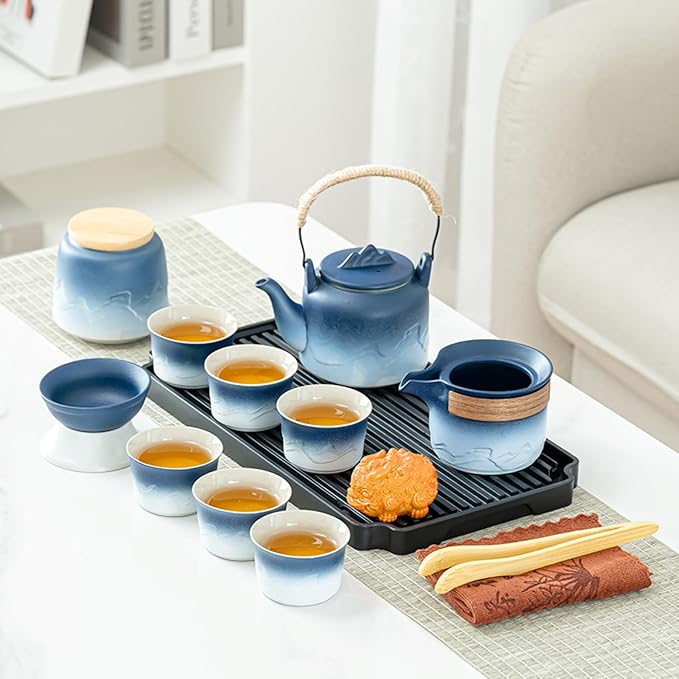 ICHAG Chinese Tea Set, Japanese Tea Sets for Adults, 15-Piece Porcelain Gongfu Tea Set with Tea Pet & Tea Tray, Japanese Teapot Set, Travel Tea Party Set, for Home/Office/Outdoor/Gifts (Blue)