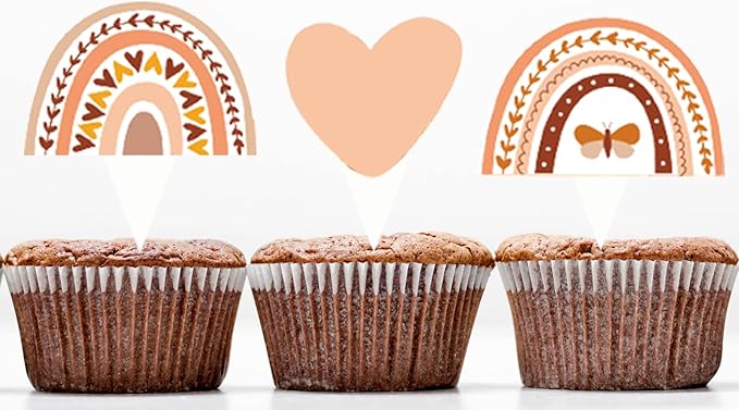 48 Pcs Boho Rainbow Party Cupcake Toppers for Boho Rainbow Birthday Party Decorations