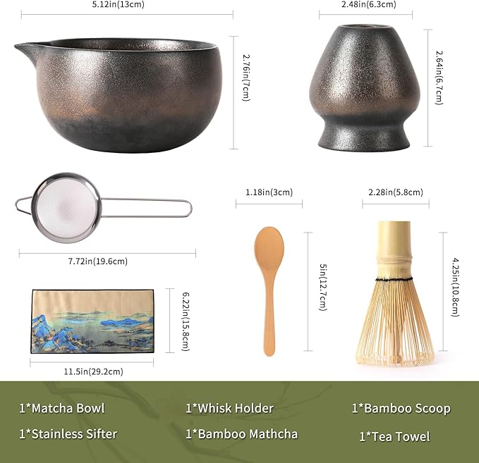Japanese Matcha Whisk Set - 6-Piece Kit with Bamboo Chasen, Matcha Ceramic Bowl with Spout, Stainless Steel Sifter Gold Black