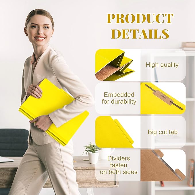 36 Pcs Classification Folders Letter Size, Back to School Supply for Teacher, Student, 1 Divider Pressboard File Folder Bulk with 2 Fasteners, 3.5 Inch Expanding File Organizer (Yellow)