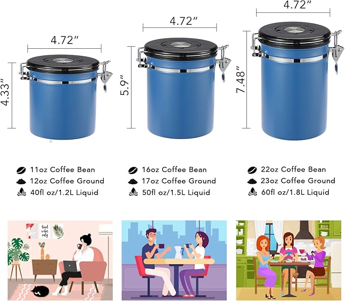 ShanSon Coffee Canister Airtight Coffee Container Stainless Steel Coffee Bean Storage Container with CO2 Release Valve and Scoop Coffee Canister for Beans,Grounds,Sugar,Flour,Tea,Cereal,16OZ,Blue