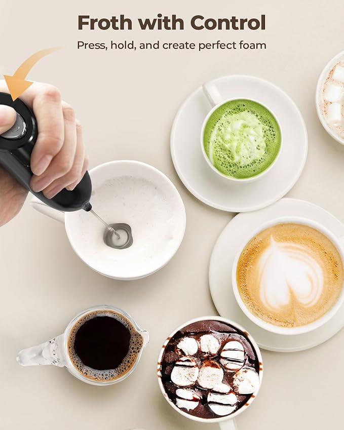 SIMPLETaste Milk Frother Handheld Battery Operated Electric Foam Maker, Black Drink Mixer with Stainless Steel Whisk for Cappuccino, Bulletproof Coffee, Latte