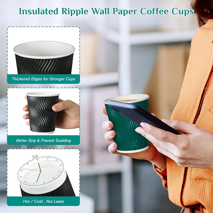 MUCHII 10 oz Insulated Paper Coffee Cups, 120 Count, Multicolor, Disposable, Ripple Design for Hot Drinks