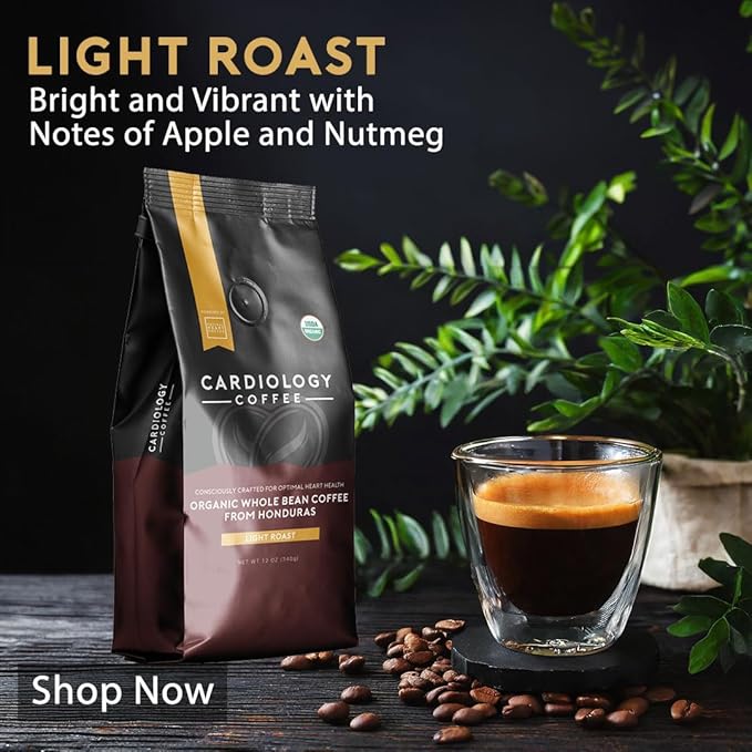 Cardiology Coffee – Whole Bean Coffee – USDA Certified Mold-Free 12oz Premium Light Roast Organic Coffee Beans with Antioxidant Benefits – Perfect for Heart Healthy Lifestyle