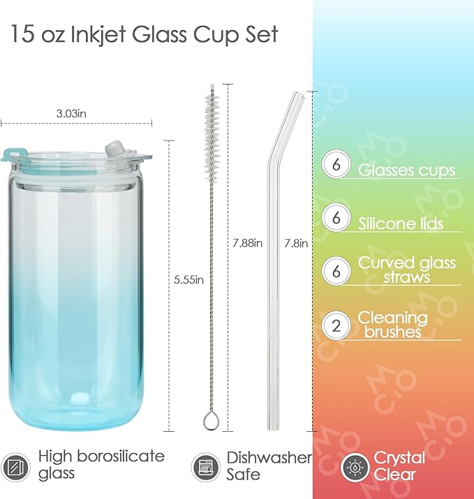COMI 6pcs Glass Cups with Lids And Straws, Glass Tumbler for Iced Coffee, Drinking Glasses with Two Cleaning Brush,Glass Drinking Set