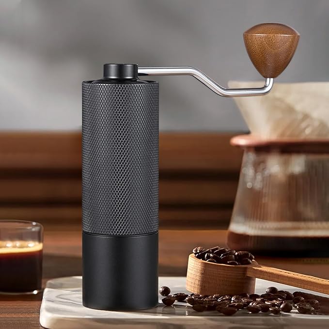 Manual Coffee Grinder Capacity 25 Grams, Stainless Steel Burrs - Wooden Handle, Burr Coffee Grinder for Home, Office, Camping, Hiking (Grey)