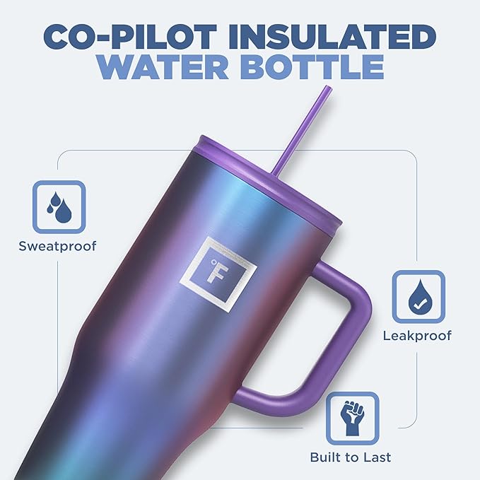 IRON °FLASK Co-Pilot Insulated Mug w/Straw & Flip Cap Lids - Cup Holder Bottle for Hot, Cold Drink - Leak-Proof - Water, Coffee Portable Travel Mug - Dark Rainbow, 32 Oz