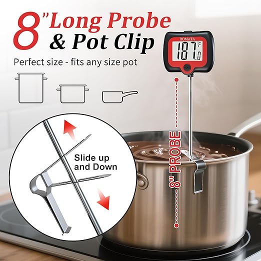 BOMATA Candy Thermometer with Pot Clip, Instant Read Cooking Thermometer with 8" Long Probe, Rotating Display, for Candy Making, Food, Candle Making, Liquids, Water, Baking, Sugar, Grilling. Black