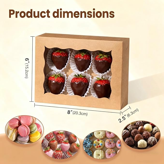 8x6x2.5 Inch 25PCS Baking Boxes with Window for Pastry,Muffins,Treat,Macaron,Dount,Cookies,Chocolate Covered Strawberries,Brown Bakery Boxes Strawberry Box