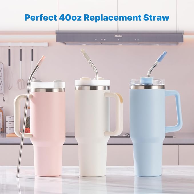 Repeatable Metal Straw with Silicone Tips for 40 oz Stanley Tumbler, 2 Pcs 40 oz Stainless Steel Straws Replacement for Stanley Tumbler, 1 Straw Brush, BPA Free（Light Pink）