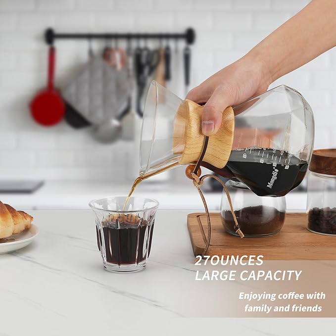 Mongdio 27 Oz Pour Over Coffee Maker with Stainless Steel Filter and Wooden Collar Holder, Borosilicate Glass Coffee Maker for Camping Home, 800ML/27OZ, Clear