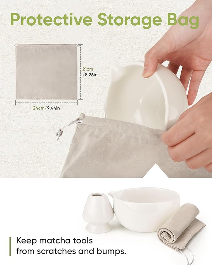 Matcha Bowl and Whisk Holder Set, Ceramic Tea Bowl and Whisk Stand, Matcha Tea Mixing Bowl with Spout (18 Ounce), Whisk Rest, Ivory White