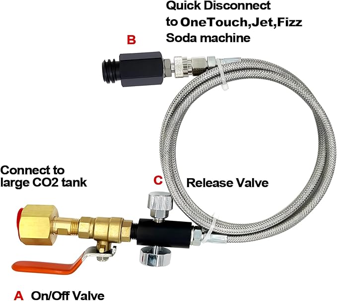 Soda Maker Adapter Hose Kit with Flow Control Ball Valve and 60inch Stainless Steel Hose,Carbonated Water Machine Co2 Tank Adapter Compatible with Jet One Touch Fizzi Aqua Fizz Blue Cylinder