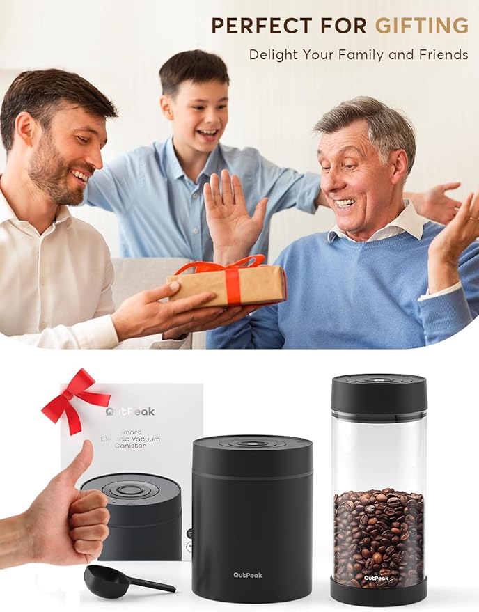 OUTPEAK Neo 2025 Kilo Auto Vacuum Coffee Canister, 1.5L Capacity for 17.6oz of Coffee Beans, One-Button Operation, Stainless Steel Coffee Storage Container with Scoop (Barista Champion's Choice)