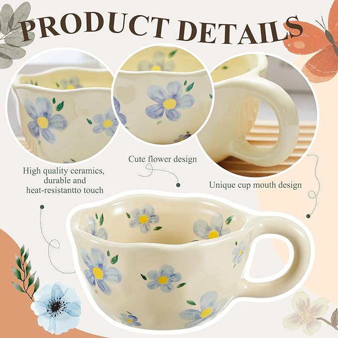 Vesici 2 Pcs Ceramic Coffee Mugs Flower Cups with Spoon Vintage Floral Mugs with Handle 8.5 oz Aesthetic Tea Porcelain Cup Gift for Valentine Office Home, Dishwasher and Microwave Safe(Vivid)