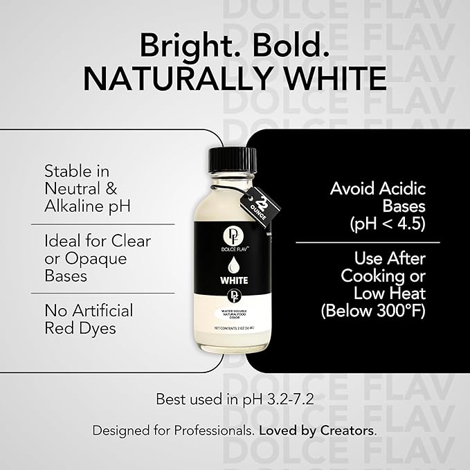 Dolce Flav Natural White Food Coloring – 2 oz Liquid Whitening Dye from Palm Oil with Graduated Dropper | Water-Soluble | For Frostings, Fillings & Beverages | Kosher | Made in USA