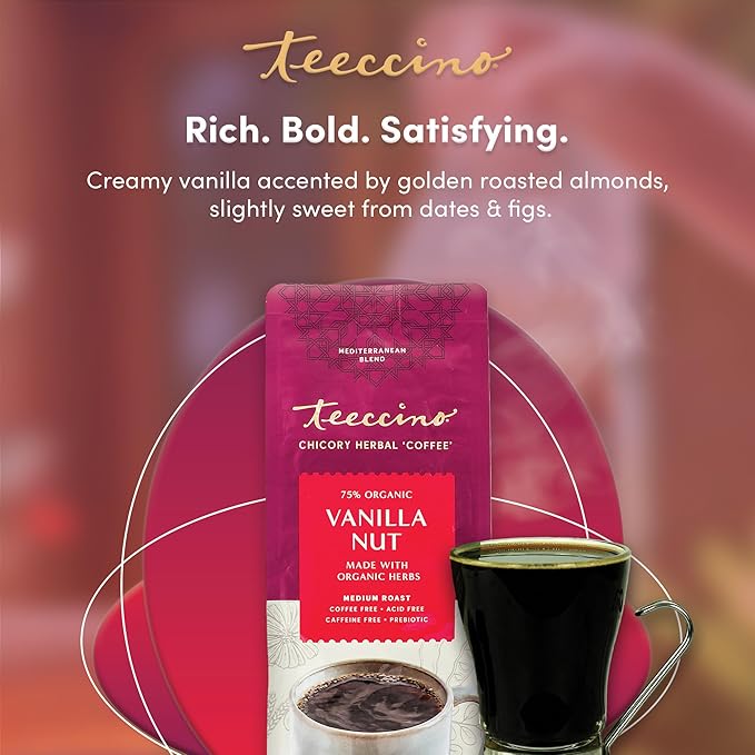 Teeccino Vanilla Nut Chicory Coffee Alternative - 11 Ounce - Ground Herbal Coffee That’s Prebiotic, Caffeine Free & Acid Free, Medium Roast