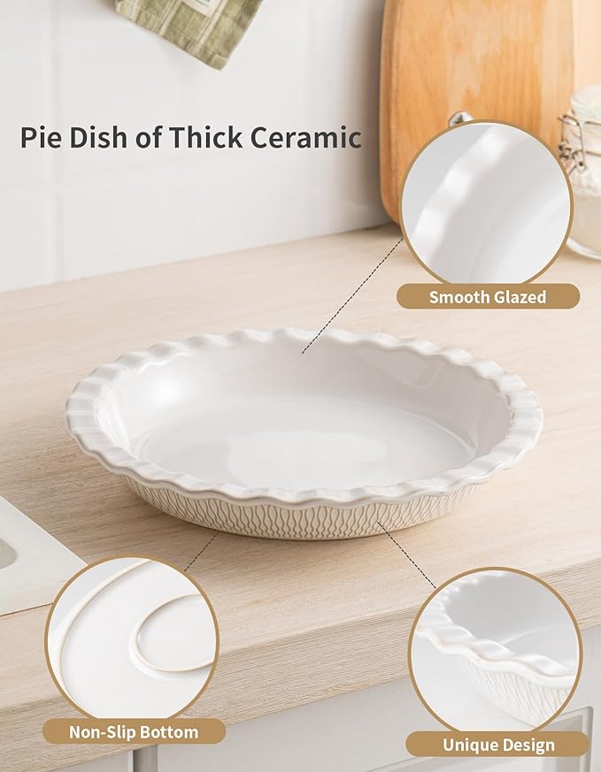 Ceramic Pie Dish for Baking, 9 inch Porcelain Pie Pan, Fluted Pie Plate for Apple, Quiche, Pot Pies, Tart, Modern Farmhouse Bakeware, Vanilla White