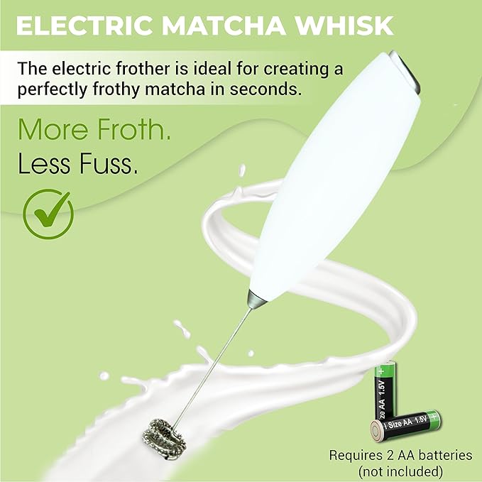 Matcha Whisk Set with Matcha Bowl - Matcha Set Included Electric Frother, Bamboo Whisk, Matcha Spoon, Bamboo Holder, Sifter, Spoon Stand (Simple White)