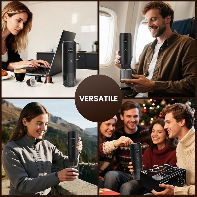 Portable Espresso Maker| Electric Coffee Machine-Travel Coffee Maker Self-Heating with USB-C, Compatible with Capsules & Ground Coffee for Camping, RV & Office