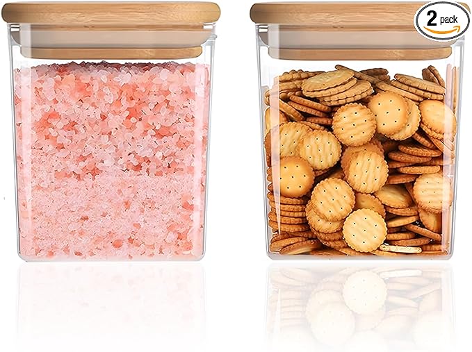 Square Storage Containers with Airtight Lids, Clear Food Storage Container Jar with Sealing Bamboo Lid for Noodles Flour Cereal Rice Sugar Tea Coffee Beans