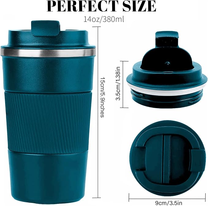 YINBAOGE Insulated Travel Coffee Mug Spill Proof Leak Proof Pobtable To Go Camping Stainless Steel Coffee Tumbler Reusable Coffee Cups with Lids Thermos for Hot and Cold Drink (Blue, 12 OZ)