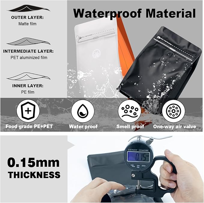 Coffee Bags with Valve(60pcs,16 oz,1 lb) Vented Coffee Beans Packaging Bags High Barrier Aluminumed Foil Flat Bottom Heat Sealed Side Zipper Resealable Storage Bag for Home or Business（White+Black）
