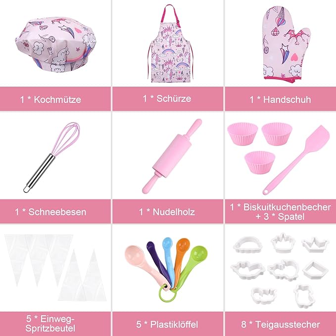 Anpro Complete Kids Cooking and Baking Set - 27 Pcs Includes Aprons for Girls, Chef Hat, Mitt & Utensil to Dress Up Chef Costume Career Role Play for 3-7 Years Girls