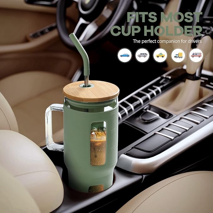 Kodrine Glass Tumbler with Straw and Lid-32oz Glass Tumbler with Handle and Bamboo Lid, Iced Coffee Cup For Smoothie, Water Cups with Time Marker Fits in Cup Holder, Olive