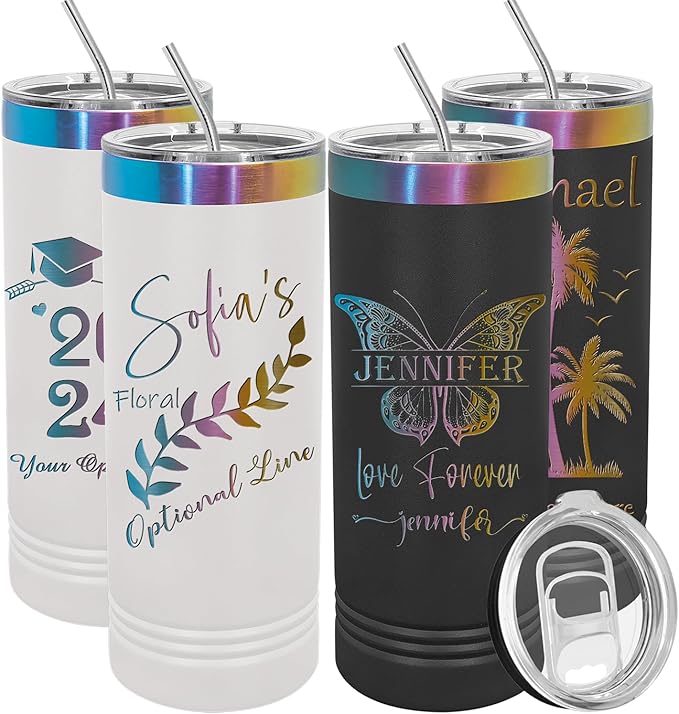 Personalized Skinny Tumbler with Lid and Straw by iProductsUS, 22oz Rainbow Stainless Steel Engraved Custom Cup with Name Text, Customized Mothers Day Gifts for Mom, Her, Christmas, Birthday (Prism)