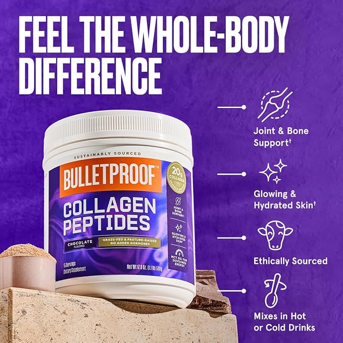 Bulletproof Chocolate Collagen Protein Powder with MCT Oil, 19g Protein, 17.6 Oz, Collagen Peptides and Amino Acids for Healthy Skin, Bones and Joints, Packaging May Vary