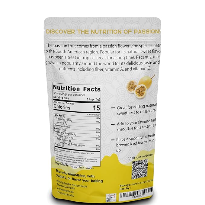 Ancient Roots Passion Fruit Powder- All-Natural Food Coloring, Filled with Antioxidants, Vitamin C, and Fiber, 75 Servings (10.5 ounces)