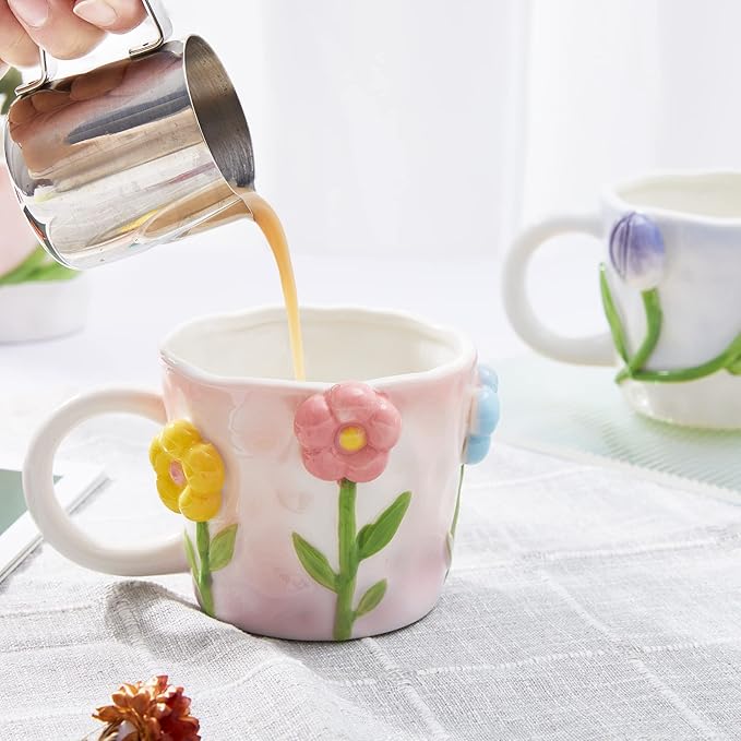 3D Flower Coffee Mug Pink Tulip Ceramic Cup,12 oz Cute Handmade Mugs,Christmas Birthday Surprise for Friends Family or Flower Lovers (Pink Tulip)