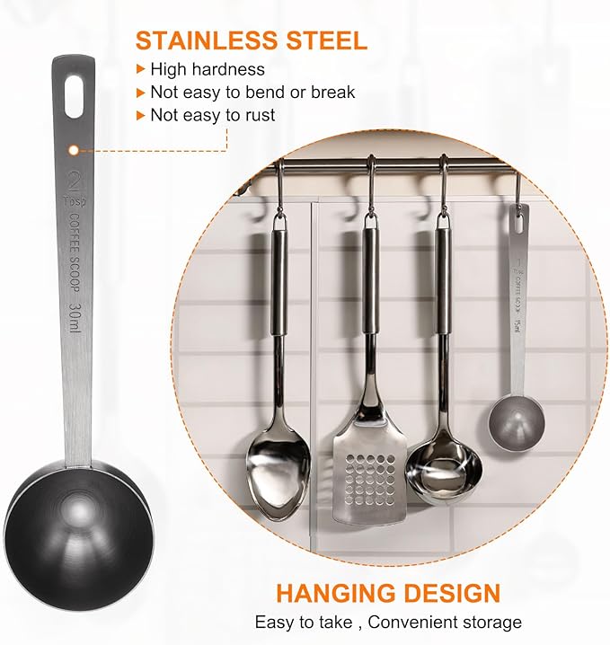HARFINGTON Coffee Scoop Spoon 2tbsp (6tsp, 30ml) 304 Stainless Steel Long Handle Teaspoon/Tablespoon Measuring Spoons Scoops for Tea Sugar Kitchen, Black