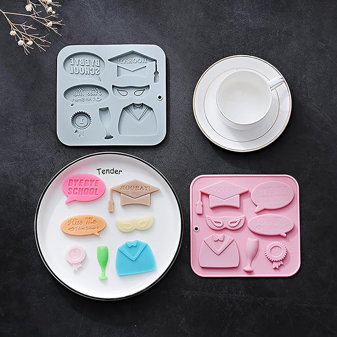 Graduation Chocolate Mold Set - Silicone Baking Molds with Cap, Gown, Champagne Flute & Diploma Phrases, Reusable Food-Grade for Commencement Cakes, Cupcakes & Party Treats - 2 Pack