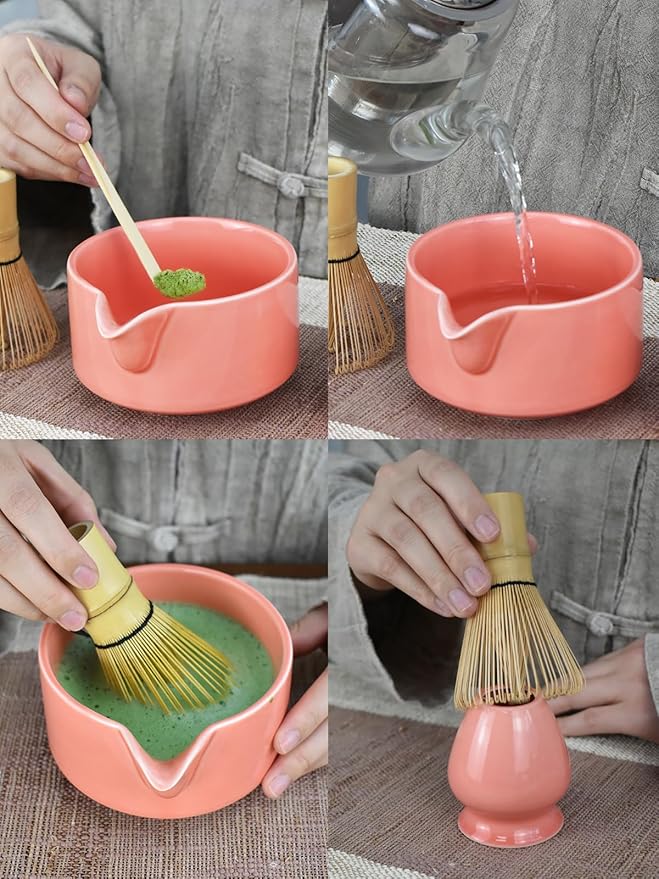 Artcome Premium Matcha Tool Set – Includes Matcha Bowl with Pouring Spout, Whisk, Whisk Holder, Tea Scoop & Matcha Manual - Pink