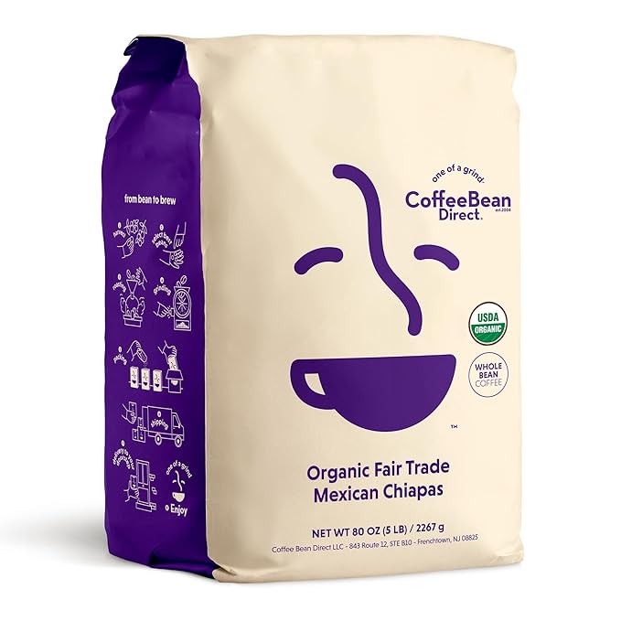Coffee Bean Direct Organic Fair Trade Mexican Chiapas, Whole Bean Coffee, Light Roast, 5 Pound Bag (Pack of 1)