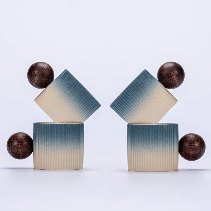 Ceramic Mini Espresso Cups Demitasse Cups with Round Wooden Handle Vertical Stripes Tea Cups (Beige&Blue, 4pcs)
