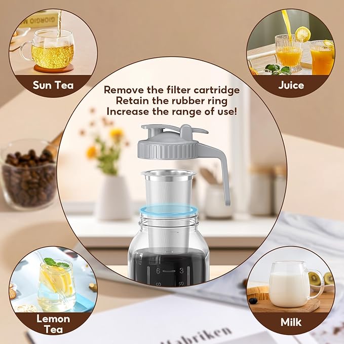 2 Pack 64 oz(2 Quart / 1.9 Liter) Cold Brew Coffee Maker Jar - Glass Cold Brew Maker with Handle, Stainless Steel Filter&Leak-Proof Lid, Heavy Duty Cold Brew Pitcher for Iced Coffee, Sun Tea, and Milk