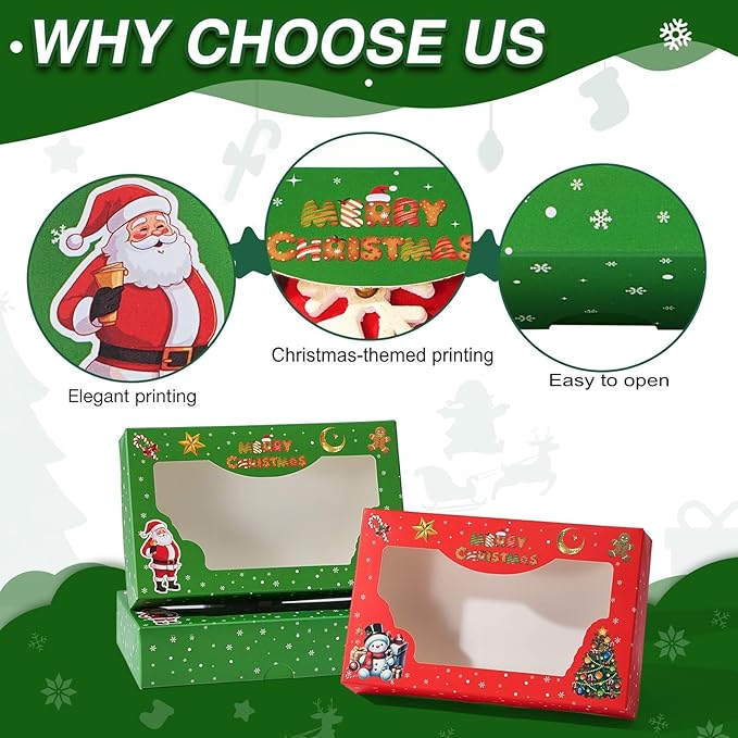 12 Pack 7x4.3x1.5Inch Green/Red/White Christmas Cookie Gift Boxes Clear Window Ideal for Packaging Cookie Macaron Cake Pop Chocolate Truffles Donut Pie Treat Boxes for Christmas for Gift-Giving